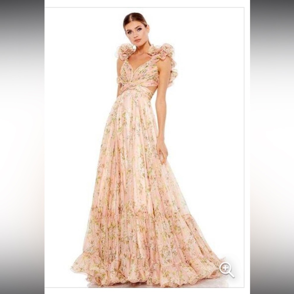 Mac Duggal RUFFLE TIERED CUT-OUT CHIFFON FLORAL GOWN